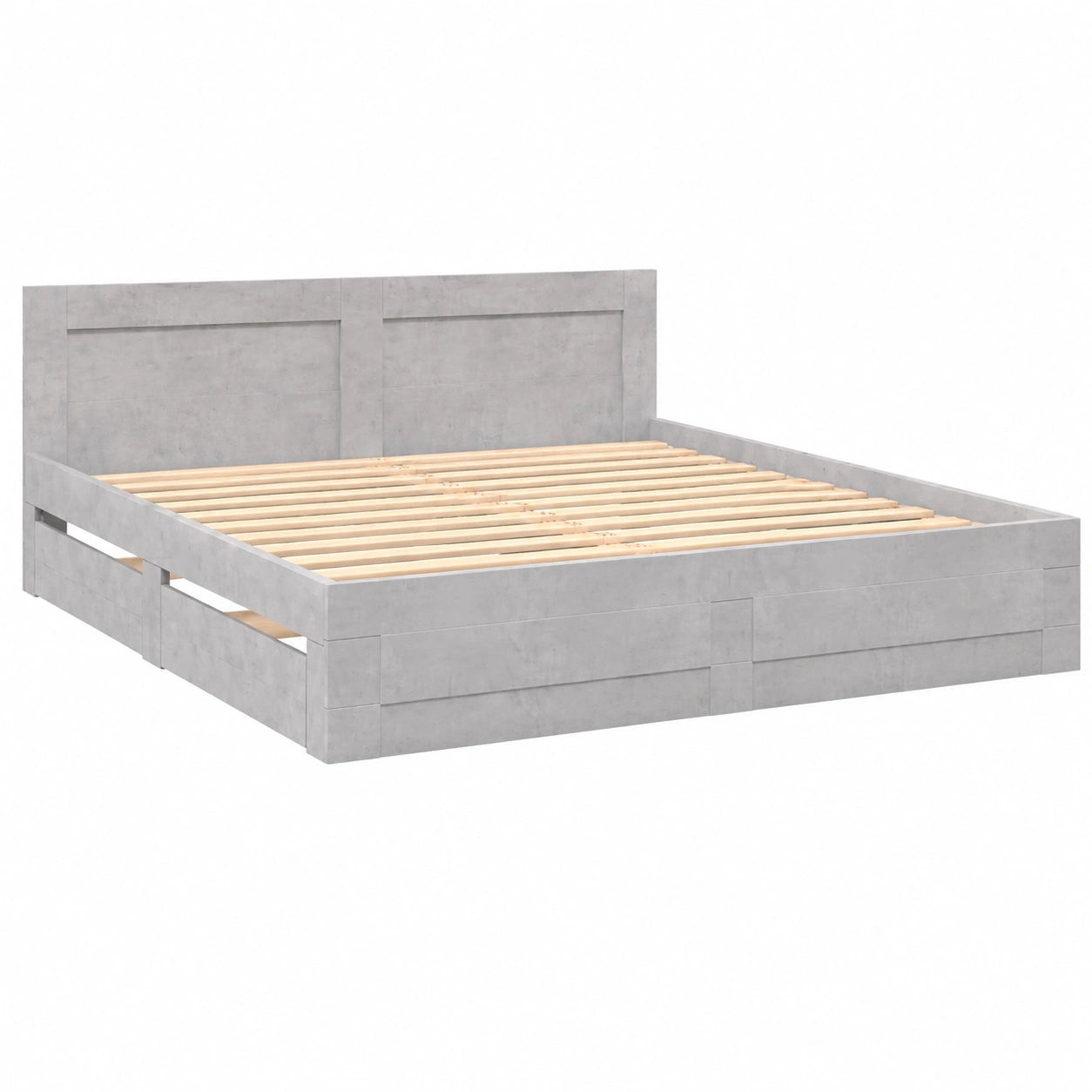 Modernes Doppelbett mit Lattenrost und Kopfteil, Stauraumfunktion, Betongrau, 200x200cm