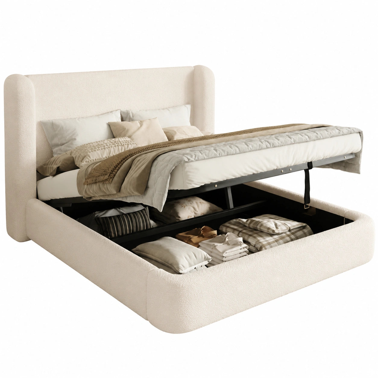Merax Bett 160x200 cm, Hydraulisches Doppelbett mit Stauraum, Bouclé Beige, Lattenrost inklusive