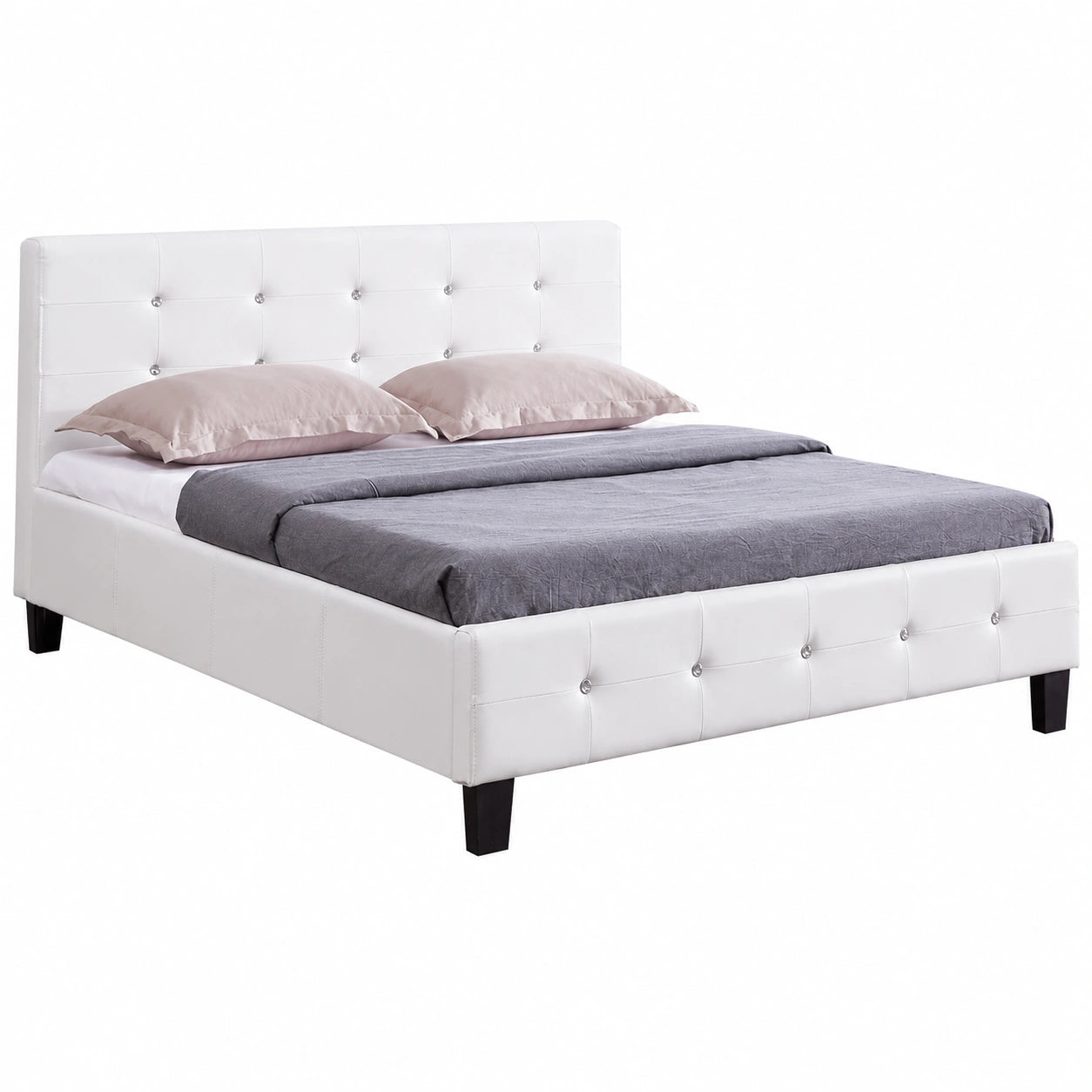 Elegantes Polsterbett Kingston 140x200 cm mit Strassakzenten und Lattenrost, weißes Lederimitat