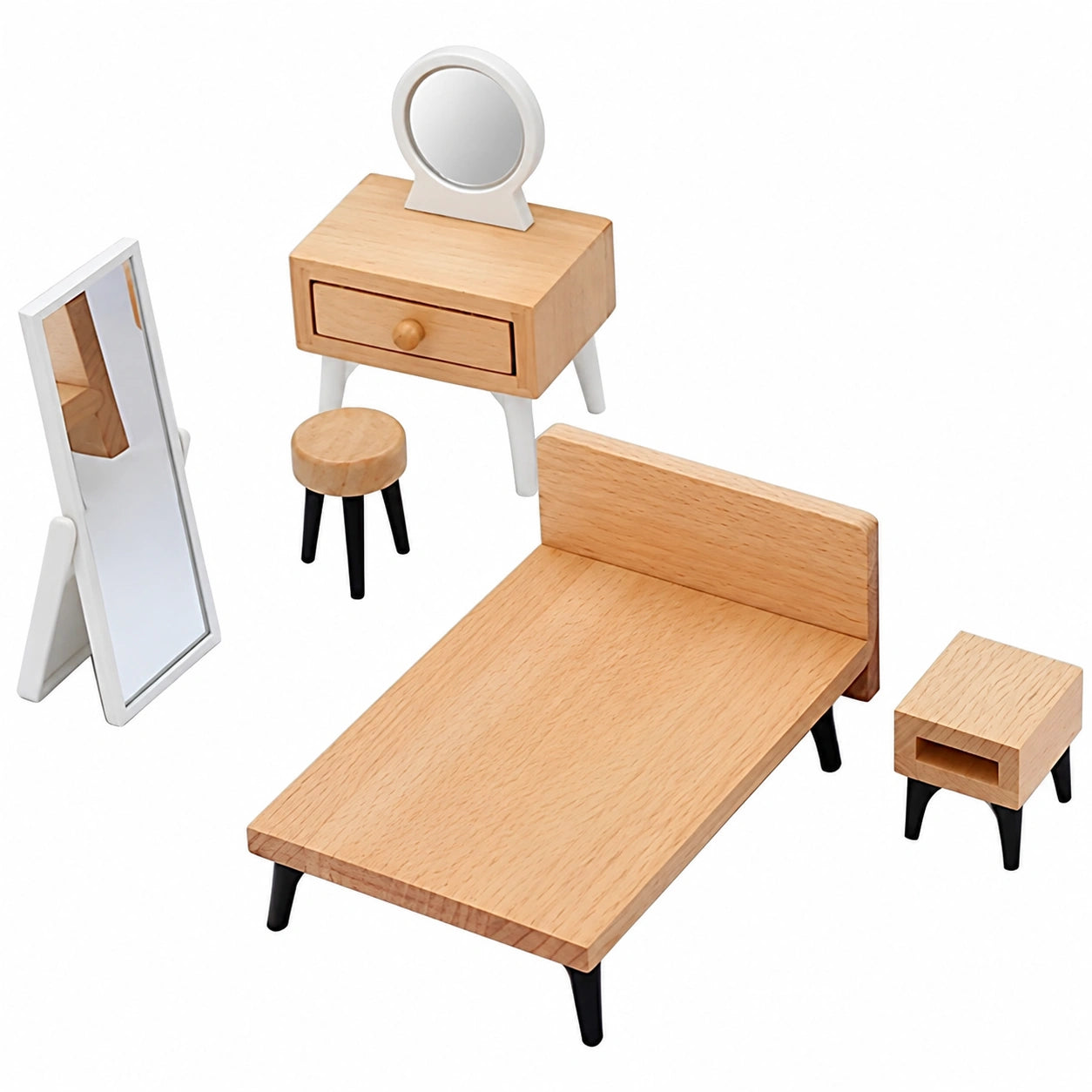 Puppenhaus Möbelset 1/12, 5-teiliges Schlafzimmer-Set mit Doppelbett und Schminktisch