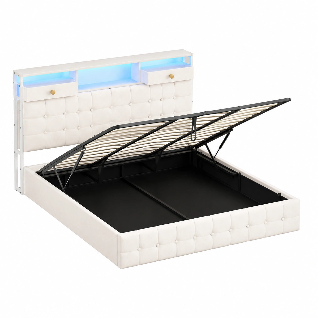 Hydraulisches Polsterbett 140x200 mit LED-Kopfteil und USB-Anschlüssen