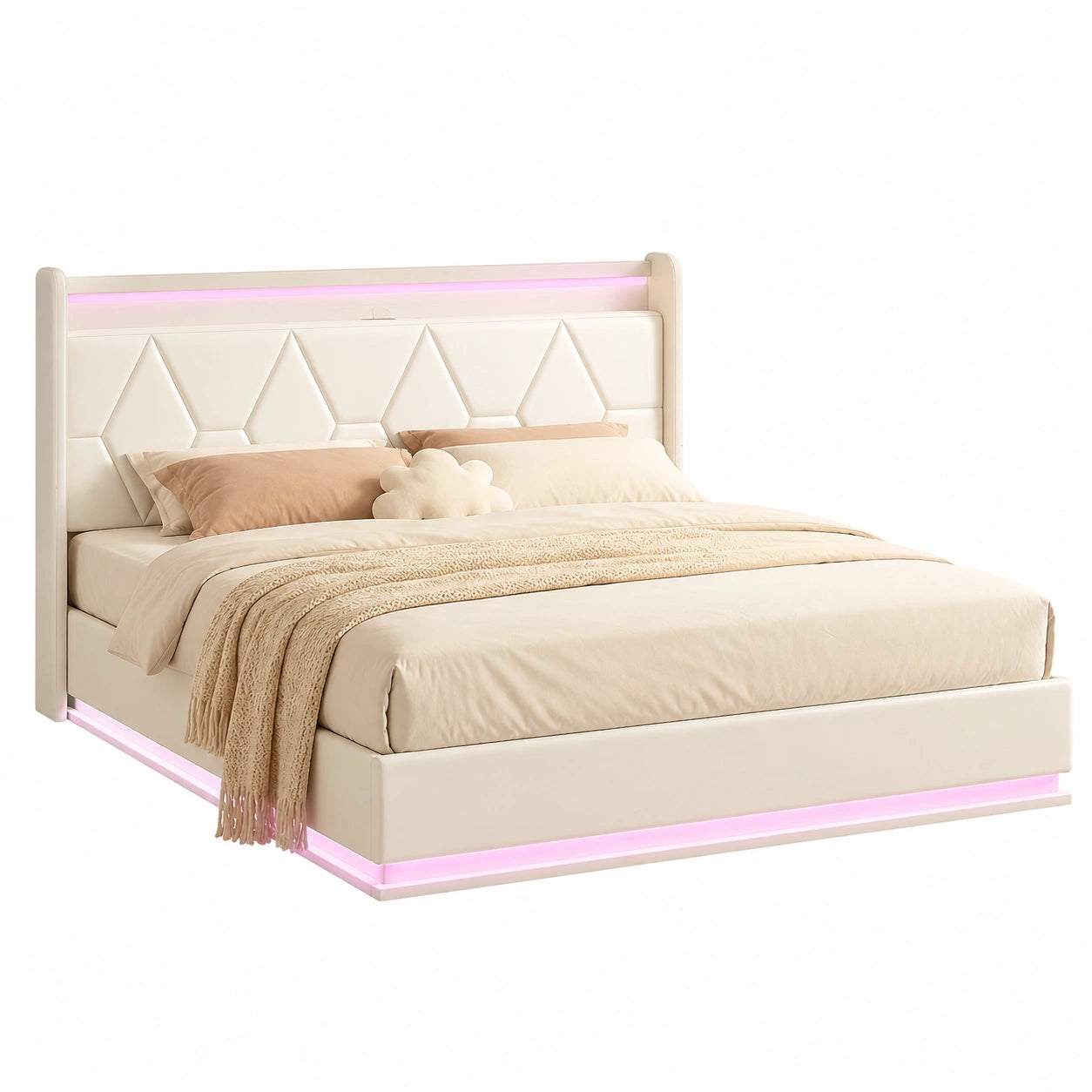 Samt-Polsterbett mit Stauraum und LED, 160x200 cm, Beige