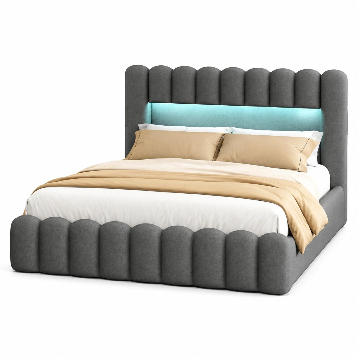BRILVERDE Modernes Polsterbett 160x200 cm mit LED & USB, Platzsparendes Doppelbett mit Stauraum, Komfortbett für Jugendliche, Inkl. Lattenrost, Leinenstoff, Grau