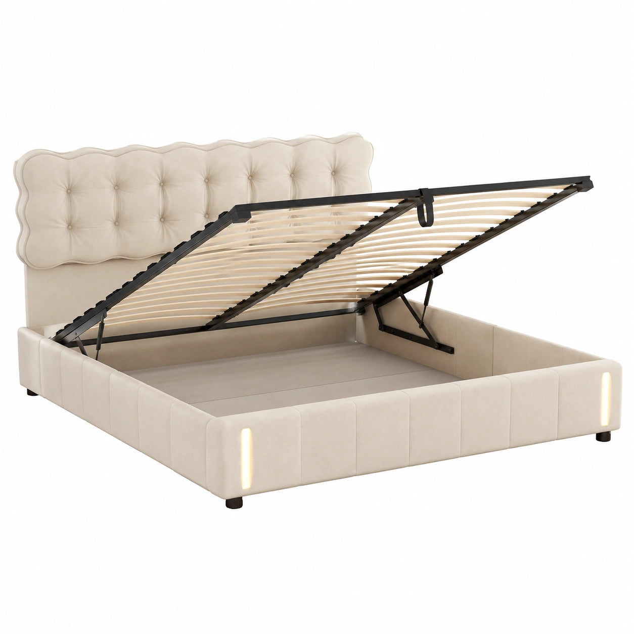 Hydraulisches Polsterbett 160x200 cm mit Stauraum und Kopfteil, Samt, Beige, Doppelbett ohne Matratze