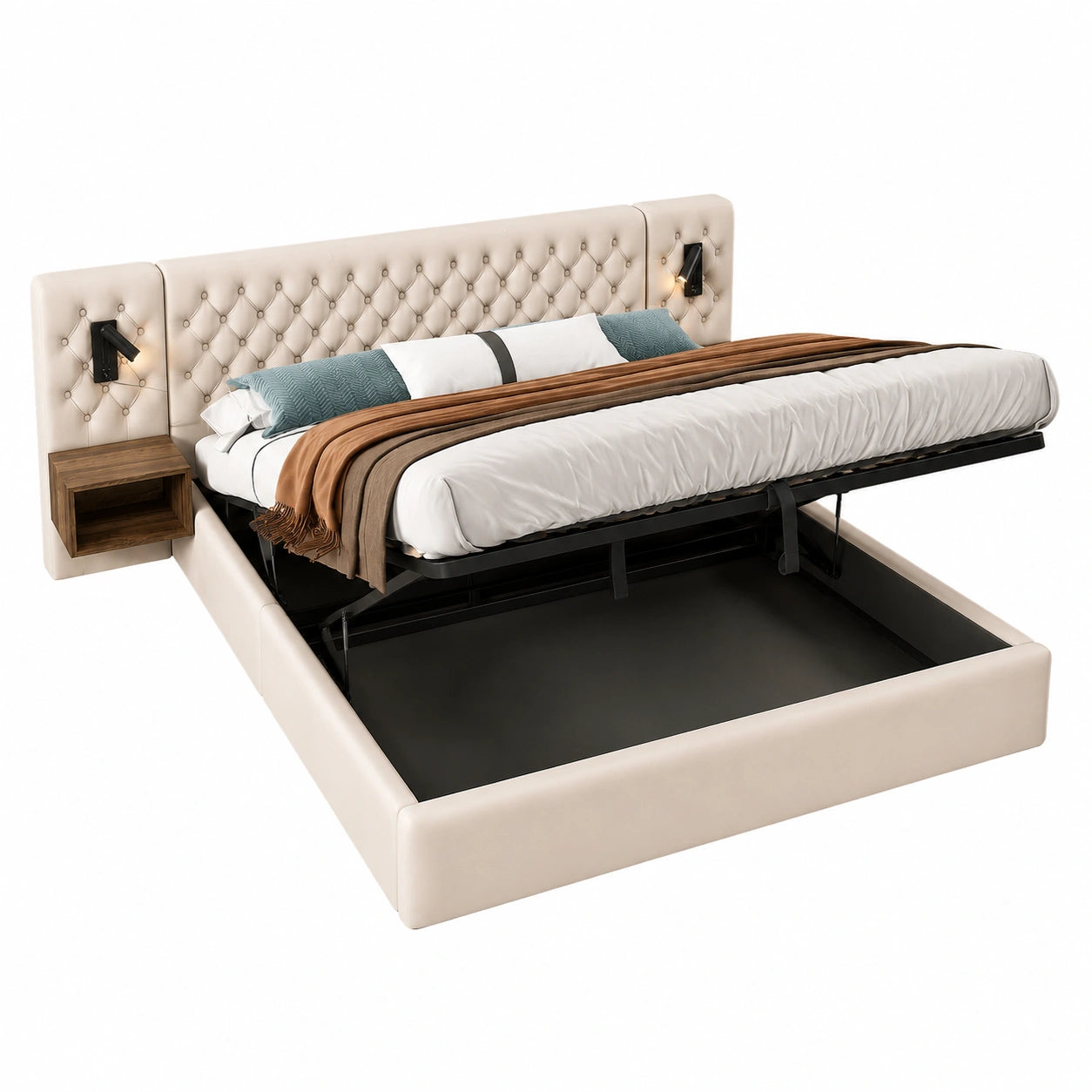 Stauraumbett 180x200 cm mit Nachttischen und LED-Leselicht, USB-Anschluss, Samt, Beige (ohne Matratze)