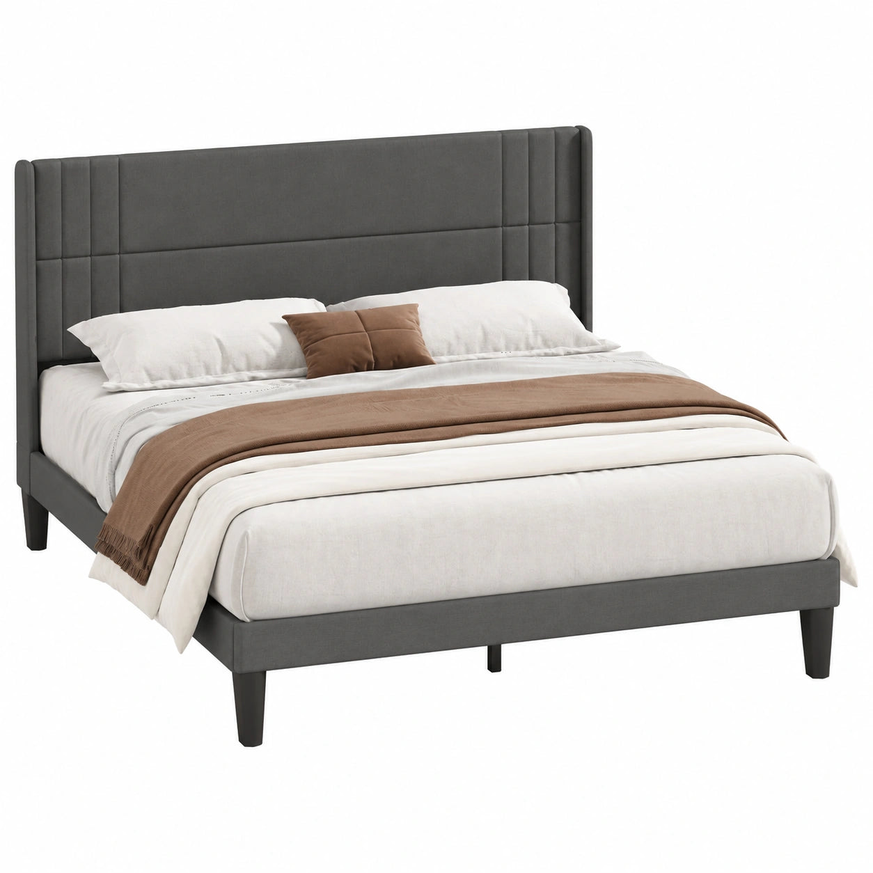 Doppelbett 160x200 cm mit gepolstertem Kopfteil und Lattenrost, Stoffrahmen in Dunkelgrau