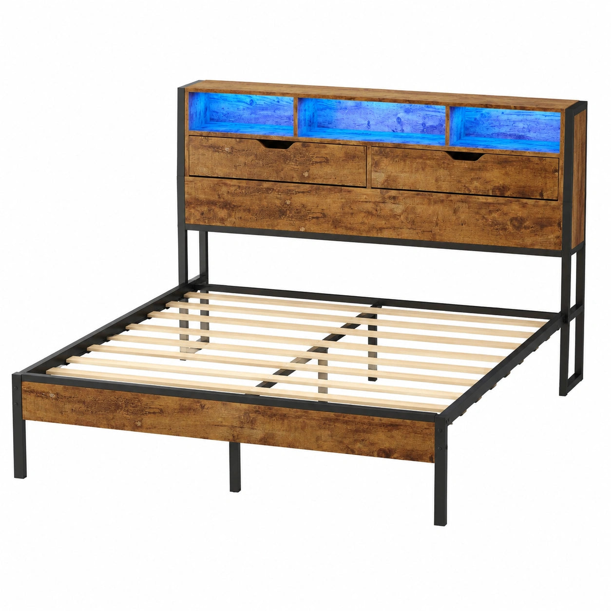 Brinlawb Doppelbett 140x190 cm Metallrahmen mit LED und Steckdose, Kopfteil aus Holz, integrierte Schränke, Stauraum, Braun