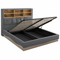 Moderner Polsterbett 180x200 cm mit LED-Leiste und USB-Anschluss, Hydraulischer Stauraum, Grau Leinenbettgestell, Inklusive Lattenrost