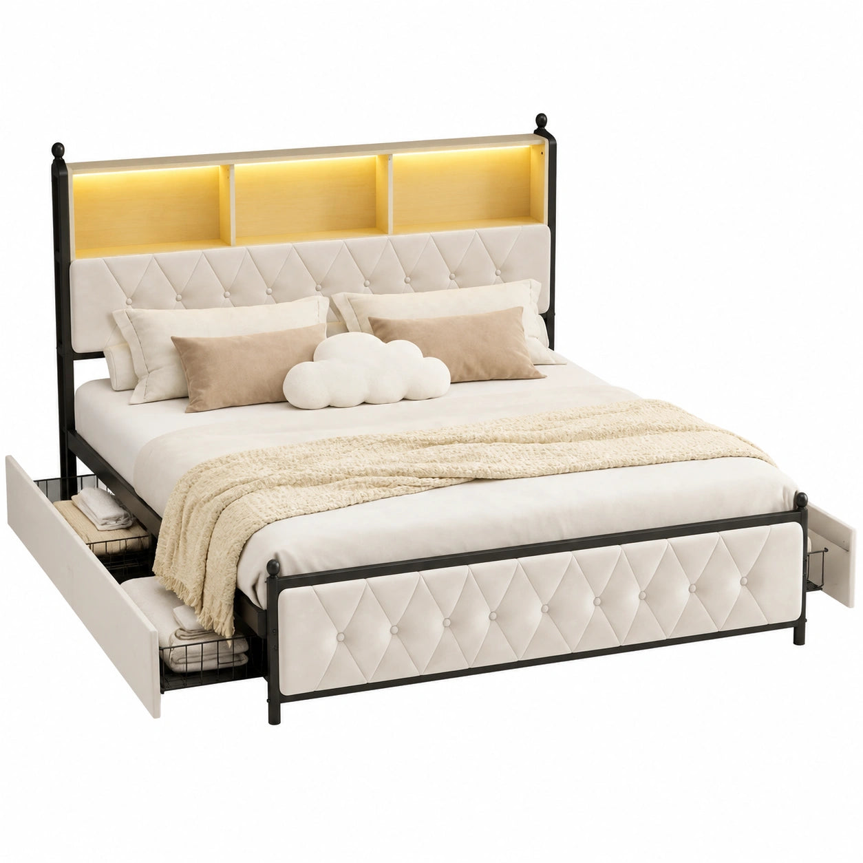 Samt-Polsterbett 140x200 cm mit Stauraum und LED-Beleuchtung, Doppelbett mit USB-Anschluss, Jugendbett mit 4 Schubladen, inklusive Lattenrost und Kopfteil, Beige