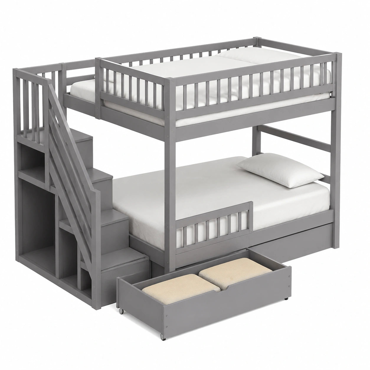 Hochbett 140x200 aus Massivholz mit Stauraum, Treppe und Lattenrosten, Kinder- und Jugendbett, Grau