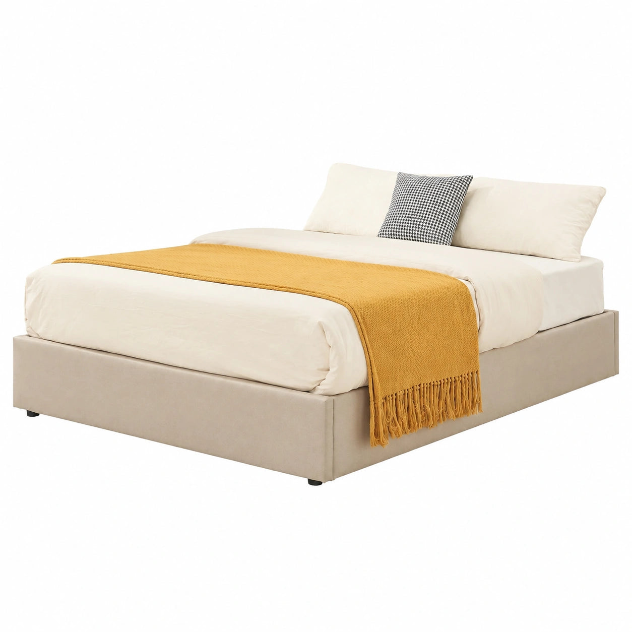 Beige Polsterbett 140x200 cm mit Stauraum und Lattenrost, Leinenbezug, Doppelbett bis 500 kg