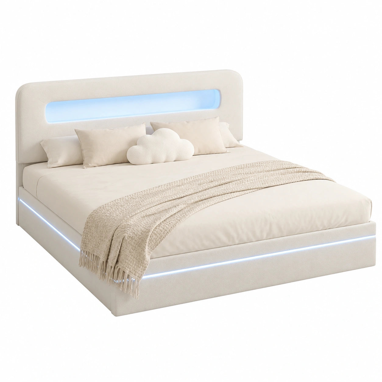 BRILVERDE Samt-Polsterbett 160x200 cm mit LED und Stauraum, inkl. Lattenrost, Doppelbett Beige