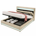 Stauraumbett 180x200 cm mit USB-C Ladefunktion und LED-Beleuchtung, hydraulisches Doppelbett mit Lattenrost, Leinen Beige, ohne Matratze