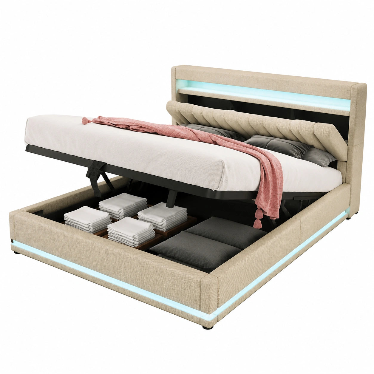 Stauraumbett 180x200 cm mit USB-C Ladefunktion und LED-Beleuchtung, hydraulisches Doppelbett mit Lattenrost, Leinen Beige, ohne Matratze