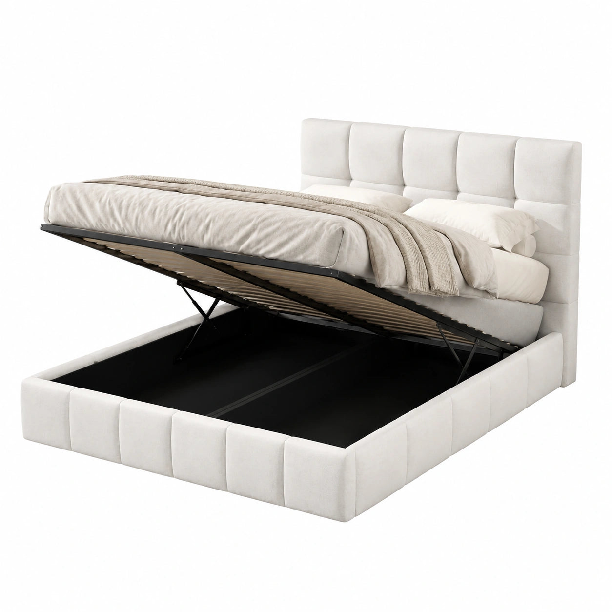 Stauraumbett Ladia, Polsterbett mit Hebemechanismus, Doppelbett bis 300 kg, Stoffbezug Creme, 160 cm