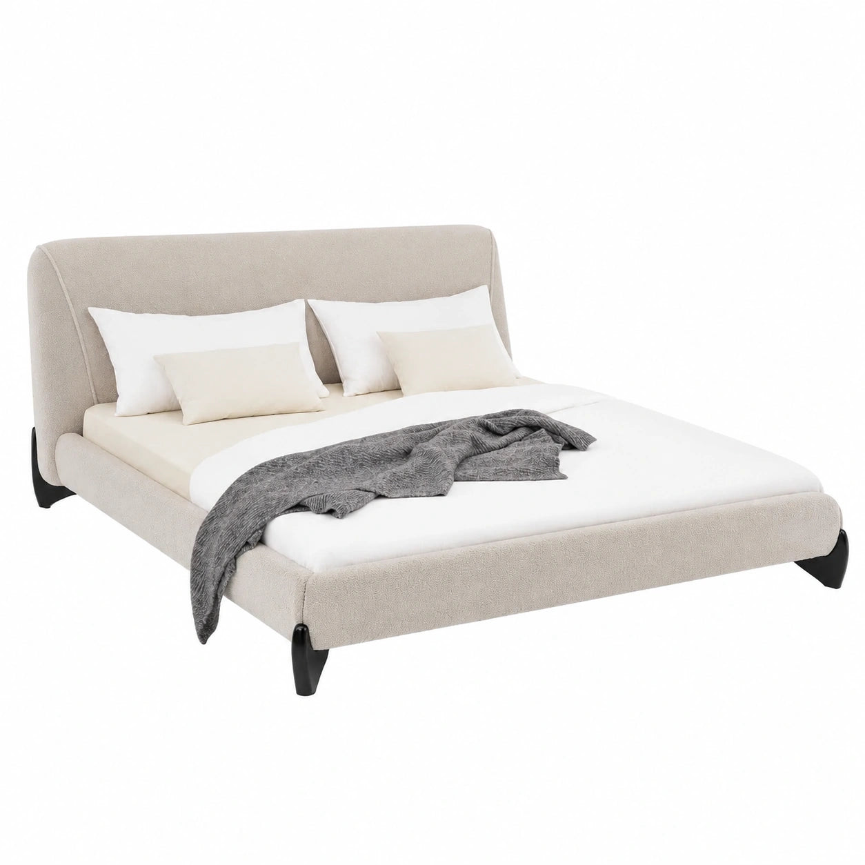 Modernes Polsterbett PATERNA 180x200 cm, Grau, mit stabilem Holzlattenrost und Bouclé-Bezug im Mid-Century-Stil