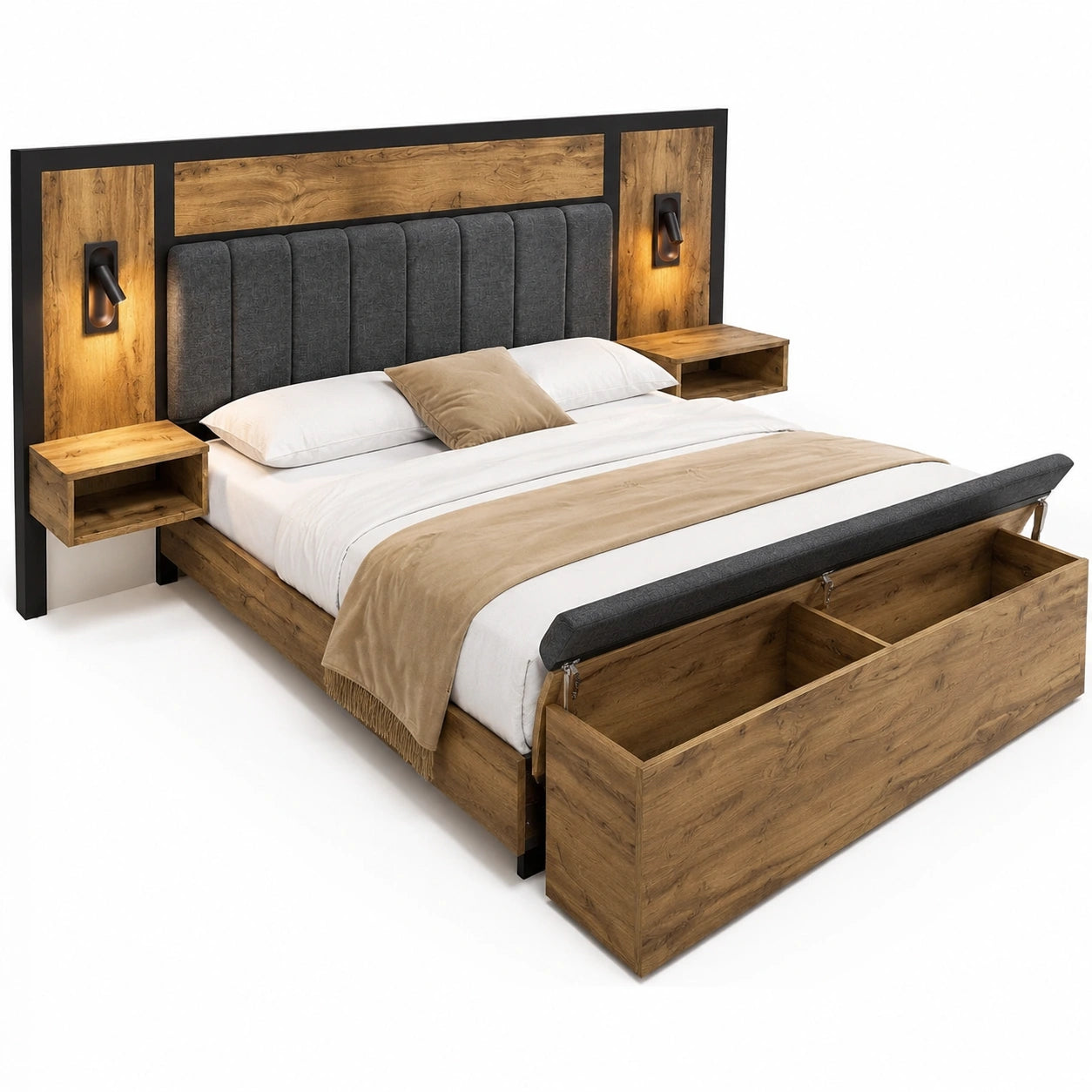 ANIROY Polsterbett 160x200cm mit LED, USB-C und Stauraum-Sitzbank, Lattenrost aus Metall, Eiche