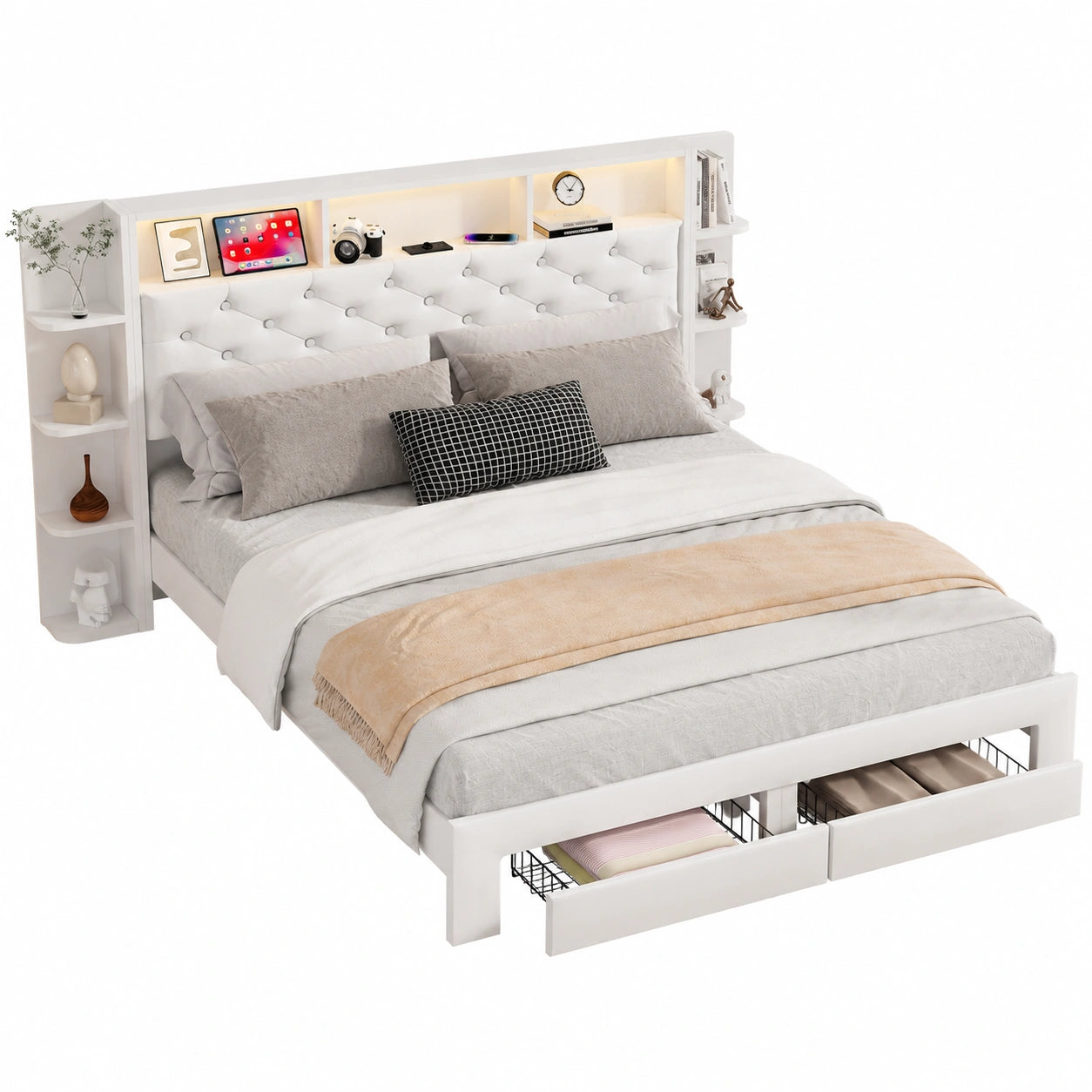 Gepolstertes Doppelbett 140x200 cm mit LED-Beleuchtung und Schubladen - Weiß
