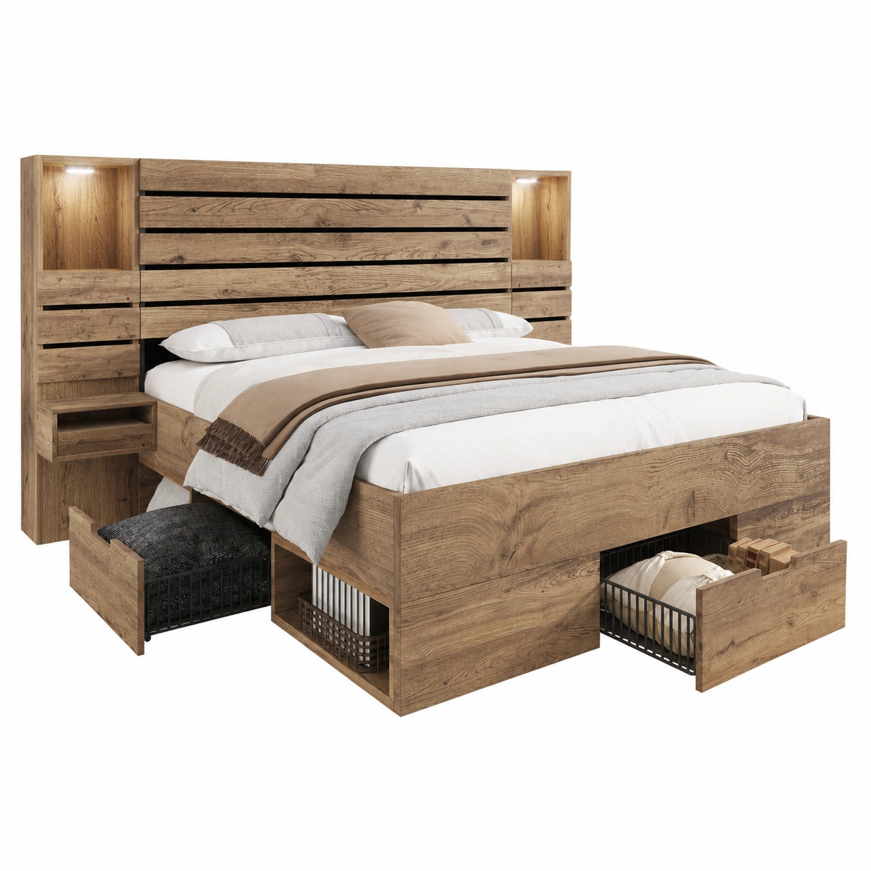 Modernes Holzbett 180x200 cm mit LED-Beleuchtung und USB-C, schwebende Nachttische, Eichenoptik