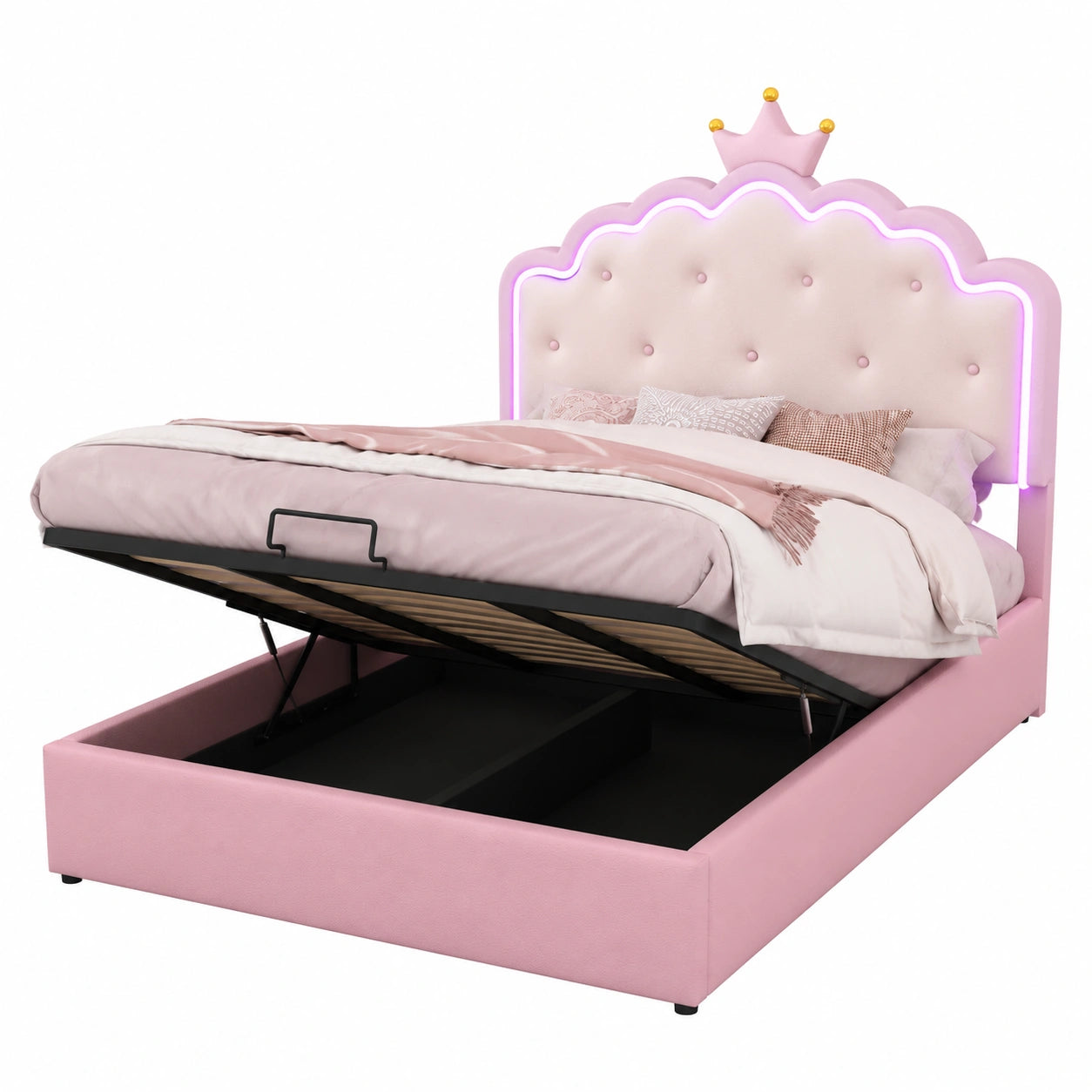 Merax Kinder-Polsterbett 140x200, Mädchen-Kronenbett mit LED und Stauraum, PU-Lederrahmen mit Lattenrost, Rosa