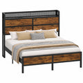 Metallbett 120x200 cm mit LED & USB-Anschluss, Holzkopfteil, Stauraum