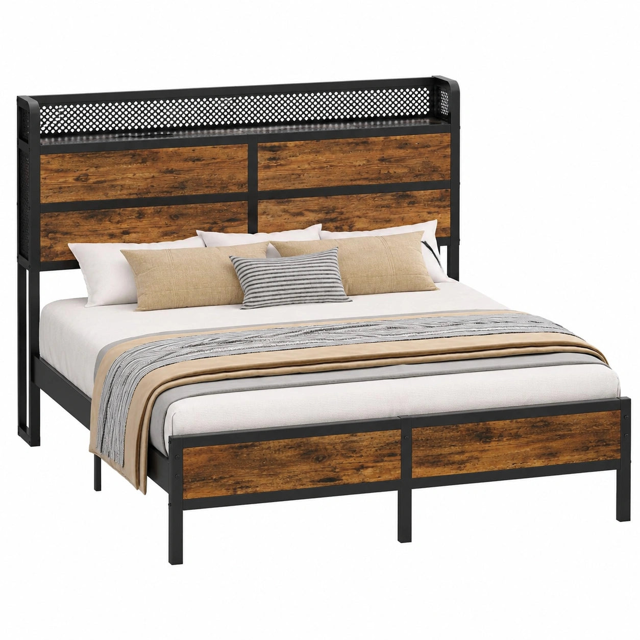 Metallbett 120x200 cm mit LED & USB-Anschluss, Holzkopfteil, Stauraum