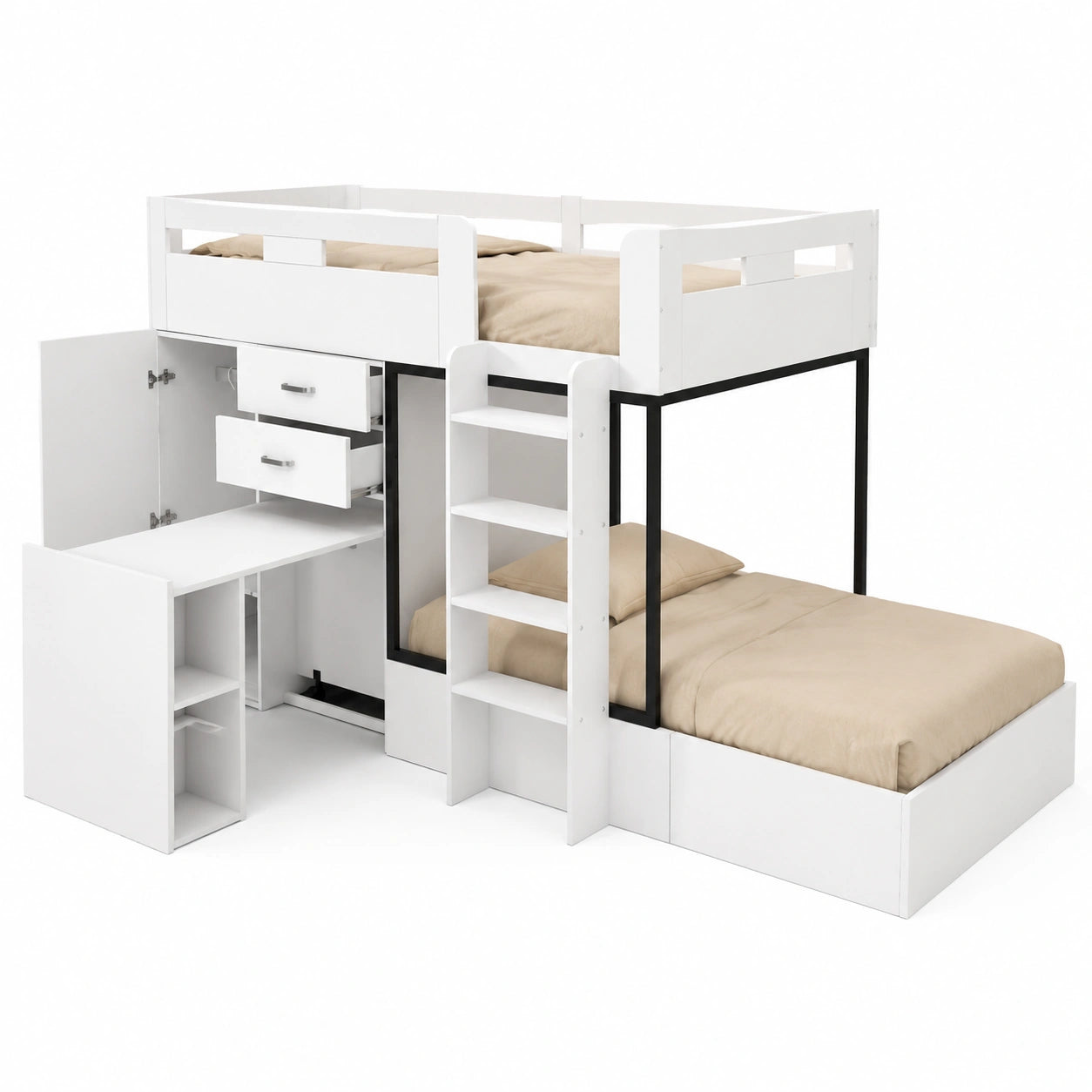 Kinder Hochbett 90x200cm mit Stauraum und Schreibtisch, inkl. Kleiderschrank und Regale, Weiß