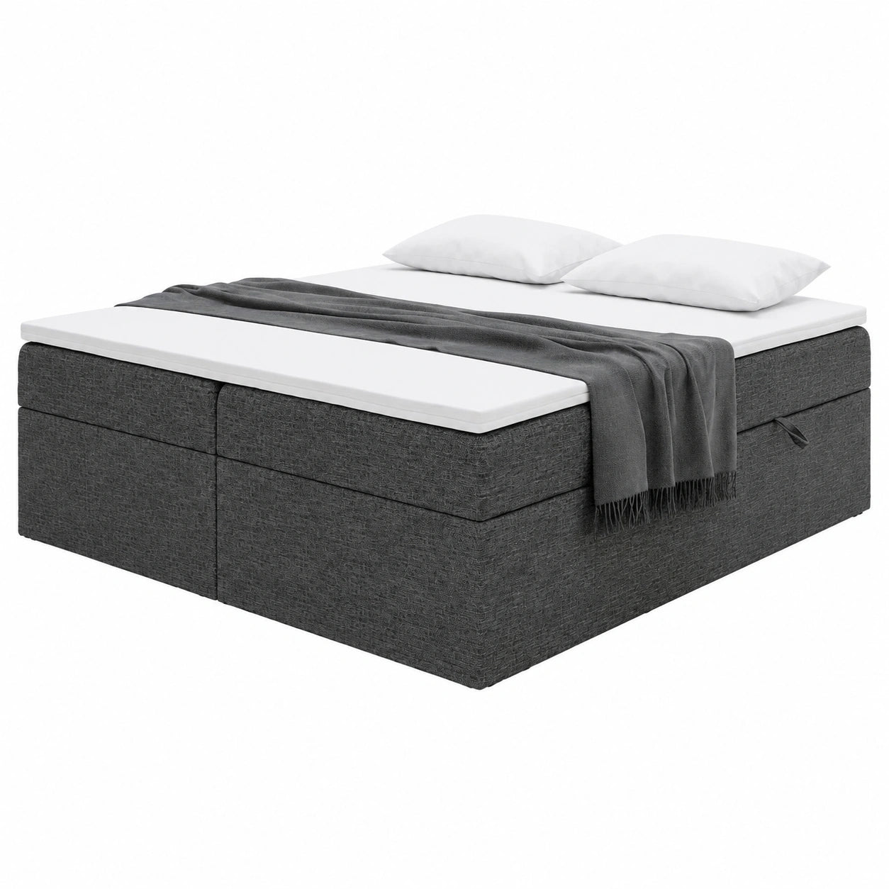 MEBLINI Gepolstertes Boxspringbett 200x200 mit Stauraum und Topper - Doppelbett ohne Kopfteil - H3 Matratze - Schwarz Webstoff