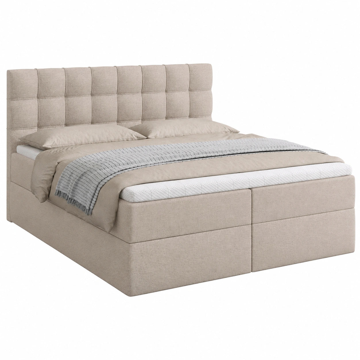 Luxus Boxspringbett 160x200cm mit Bettkasten und Bonellmatratze, H3 Härtegrad, inklusive Topper, gepolstertes Kopfteil, Farbe: Beige