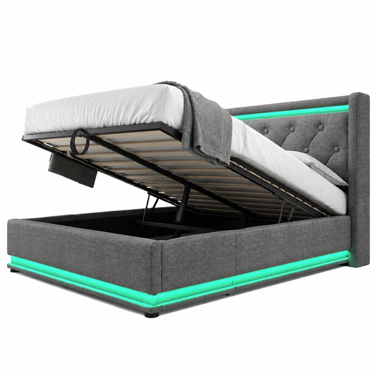 Modernes Polsterbett 160x200 cm mit LED und USB-C, Vielseitiges Funktionsbett mit Stauraum in Grau, Ohne Matratze