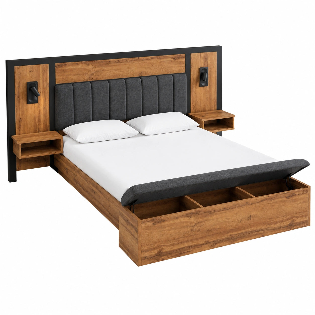 Modernes Polsterbett 160x200 mit Leselampe und USB-C Nachttisch, inkl. Sitzbank mit Stauraum und Metall-Lattenrost, Eichenholz und Leinen, ohne Matratze
