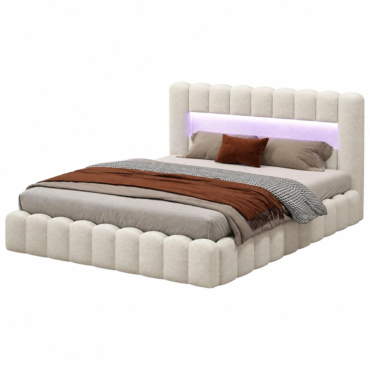 Modernes Polsterbett mit LED-Beleuchtung und USB-Anschluss, 160x200cm, Stauraum und Eichenholz-Rückenlehne