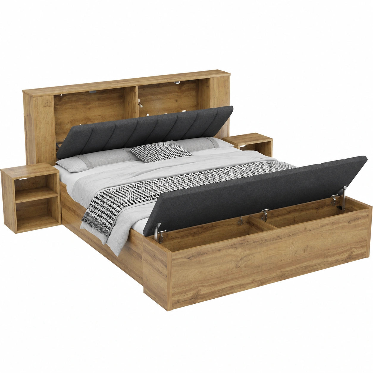 Kebnor Doppelbett aus Holz mit verstellbarem Kopfteil und USB-Leselampen