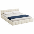 Modernes Doppelbett 160x200cm aus Eukalyptusholz und Eisen, Chenille-Bezug, Beige